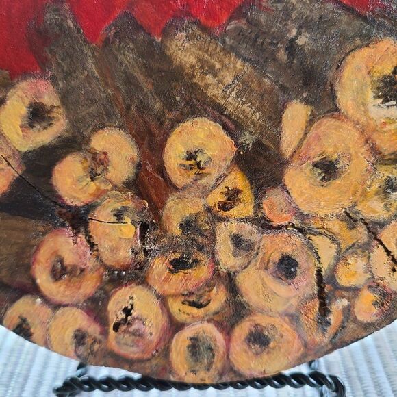 Stacked Wood Painted On 7.25" Wood Disc - Abstract Art - Yellow, Red Handpainted - Picture 6 of 15
